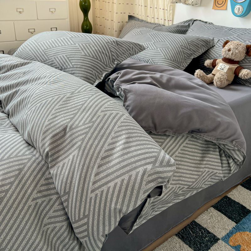 Linen Duvet Cover - 4PC Grey Geometric Bedding Set Modern