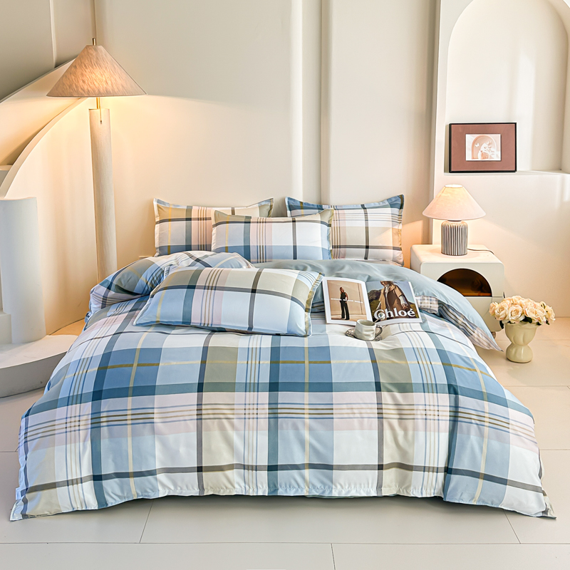 Linen Duvet Cover - 4PCS Blue Plaid Bedding Set Modern