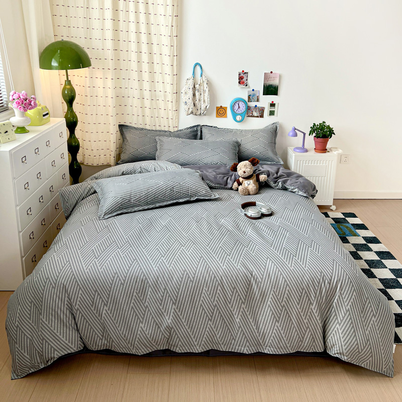 4PC Grey Geometric Bedding Set - Linen Duvet Cover ulasan dan harga