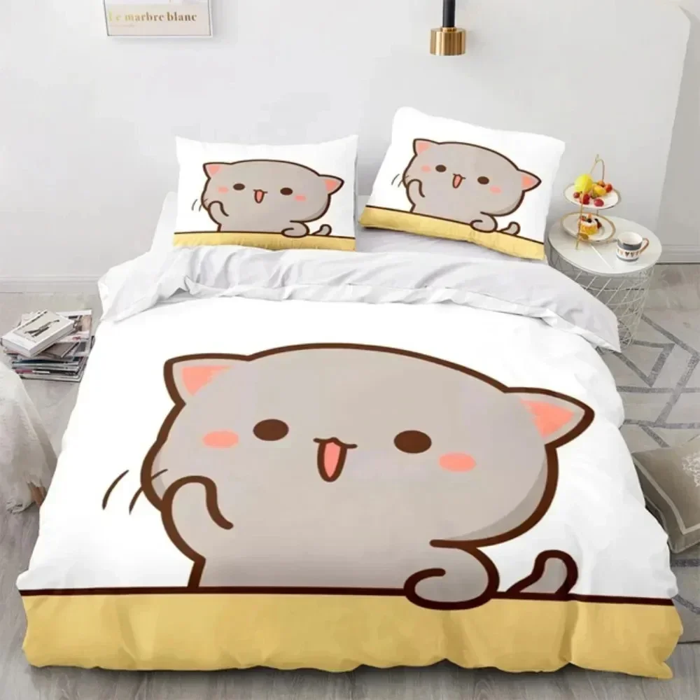 3D Cartoon Lovely Peach Cat Pr - Linen Duvet Cover ulasan dan harga