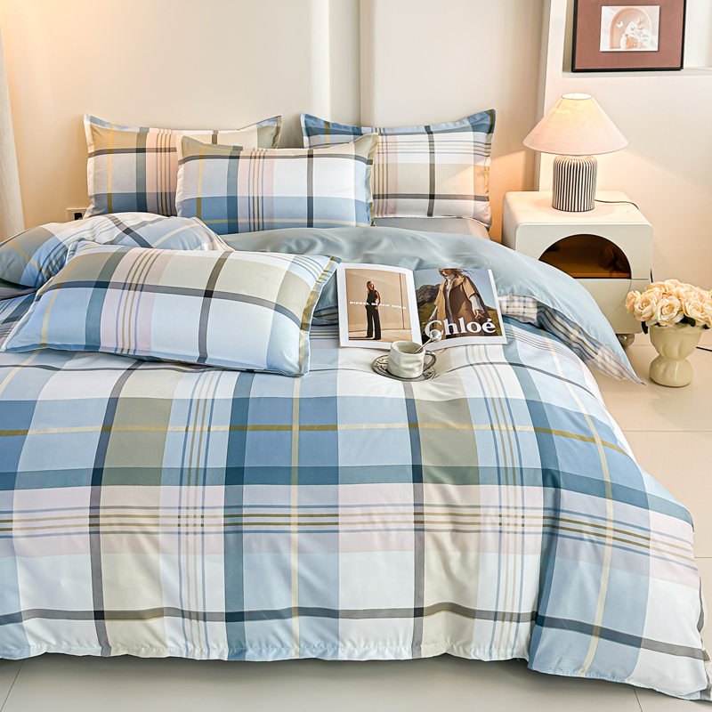 4PCS Blue Plaid Bedding Set Mo - Linen Duvet Cover ulasan dan harga